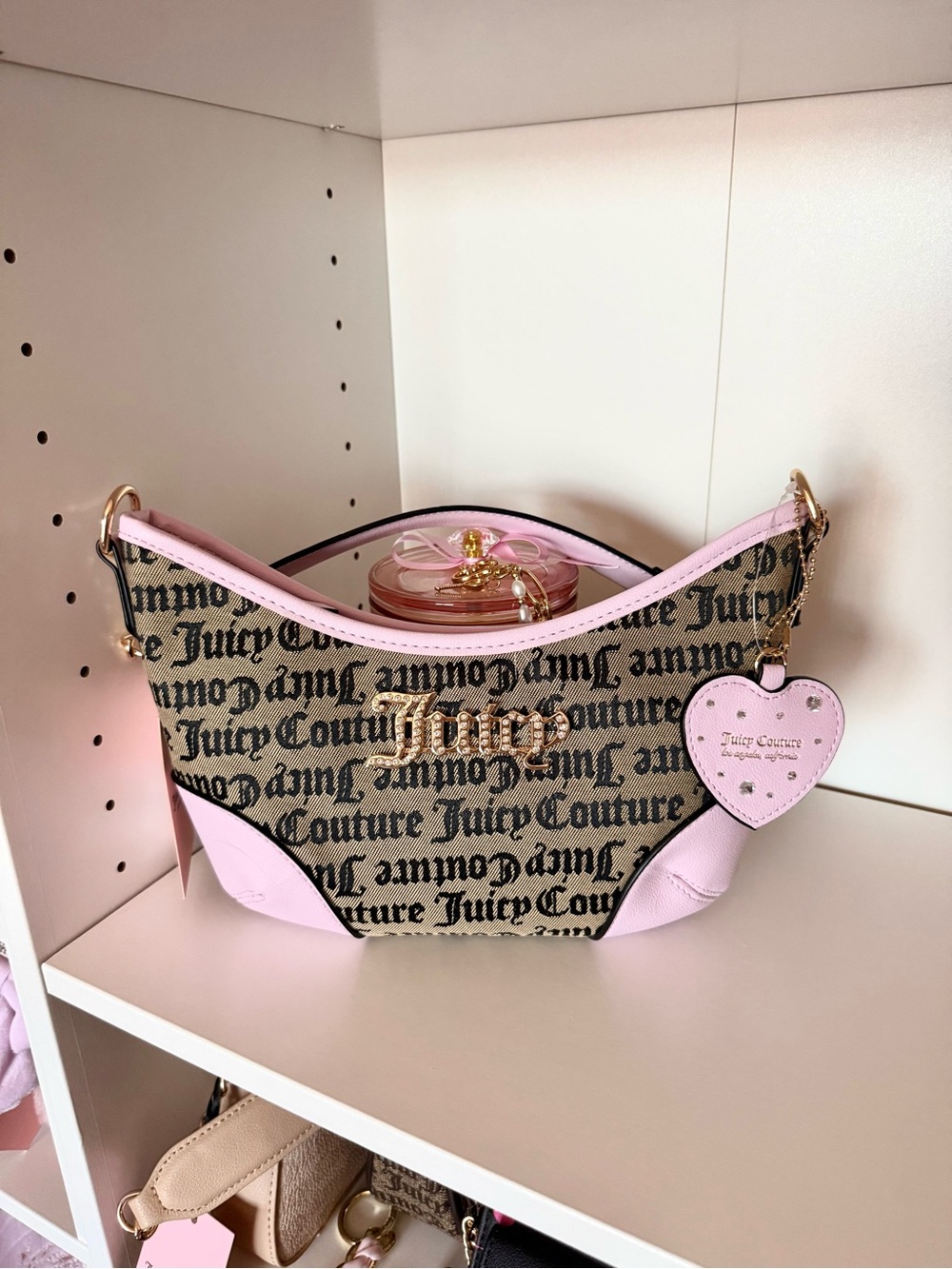 Juicy Couture “Block Party” Lilac Trim Logo Print Shoulder Bag with Heart Charm